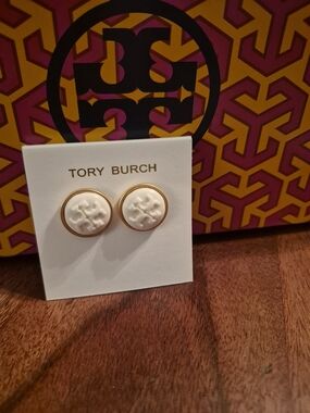 Tory Burch White Enamel Logo Button Earrings - Gold Trim